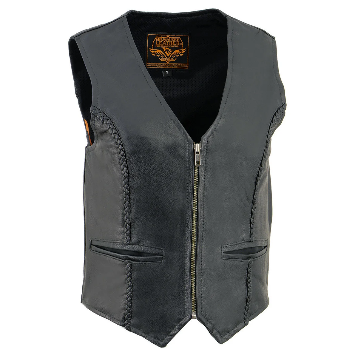 High-Quality Milwaukee Leather SH1246Z Women's Black Leather Classic Braided Motorcycle Rider Vest with Zipper Closure Minimalist