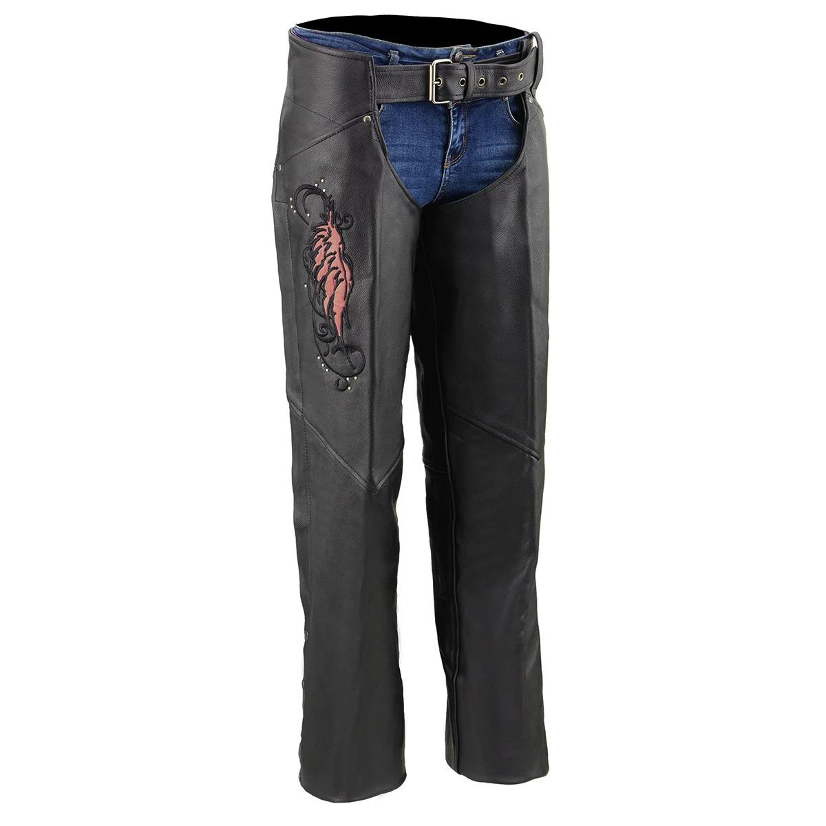Trusted Milwaukee Leather Women's Classic Black Premium Leather Motorcycle Chaps w Pink Wing Embroidery-ML1179 Breathable