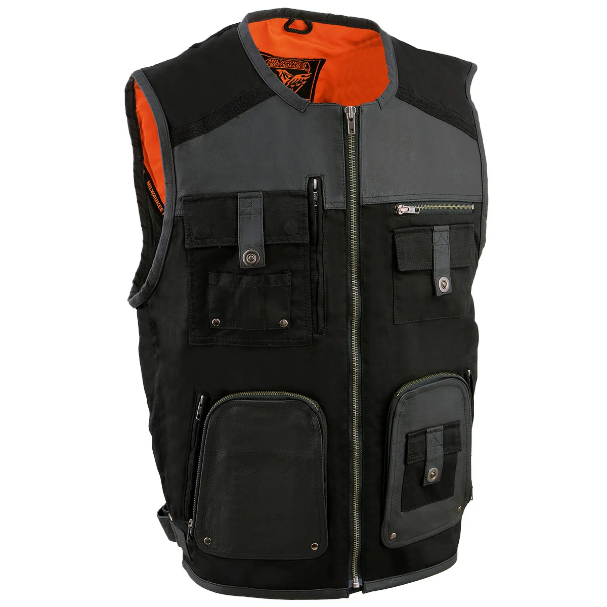 Luxury Milwaukee Leather MPM3310 Men's 'Super Utility' Black Leather and Canvas Multi-Pocket Vest Smooth