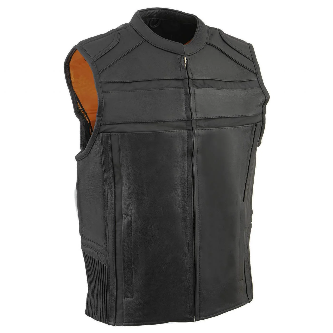 Solid Milwaukee Leather MLM3560 Men's Black Leather Vest - Reflective Piping Elasticized Waist Open Neck Motorcycle Vest Responsible