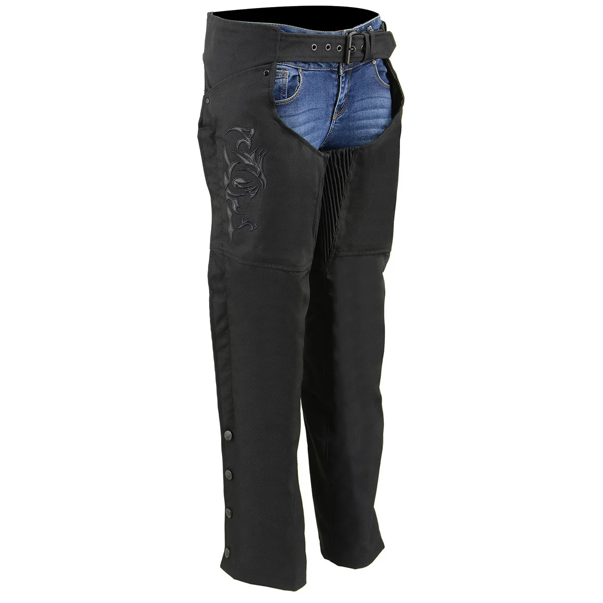 Authentic Milwaukee Leather SH1182 Women's Black Textile Motorcycle Riding Chaps with Tribal Embroidery Classic