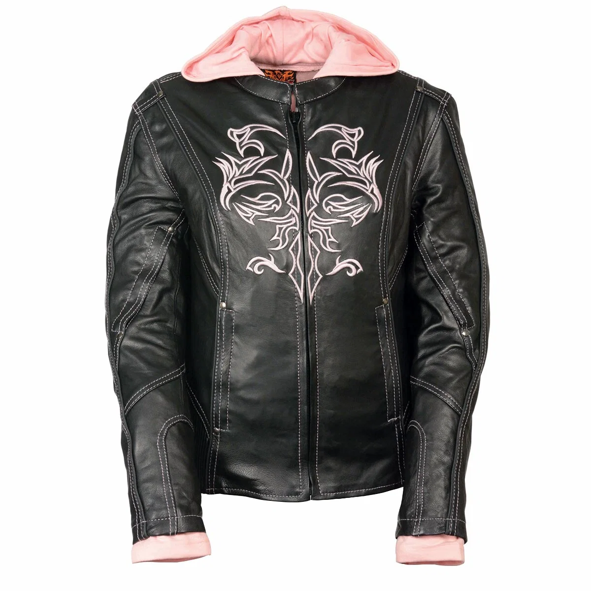 Organic Milwaukee Leather ML2066 Women's 3 4 Black and Pink Leather Hoodie Jacket with Reflective Tribal Design Unique