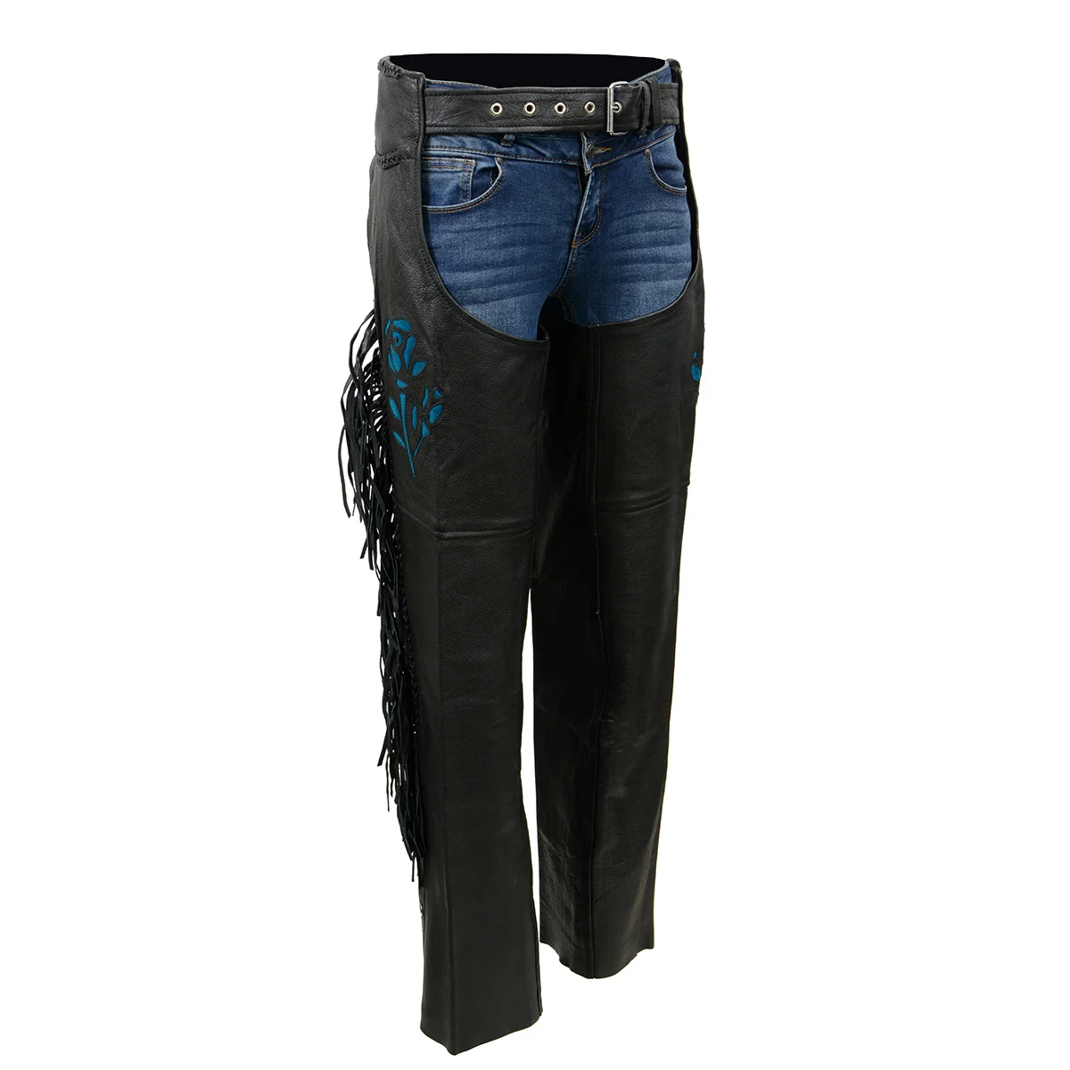 Healthy Milwaukee Leather SH1116 Women's Classic Braided Fringed Black Leather Motorcycle Chaps w Turq Rose Embroidery Responsible