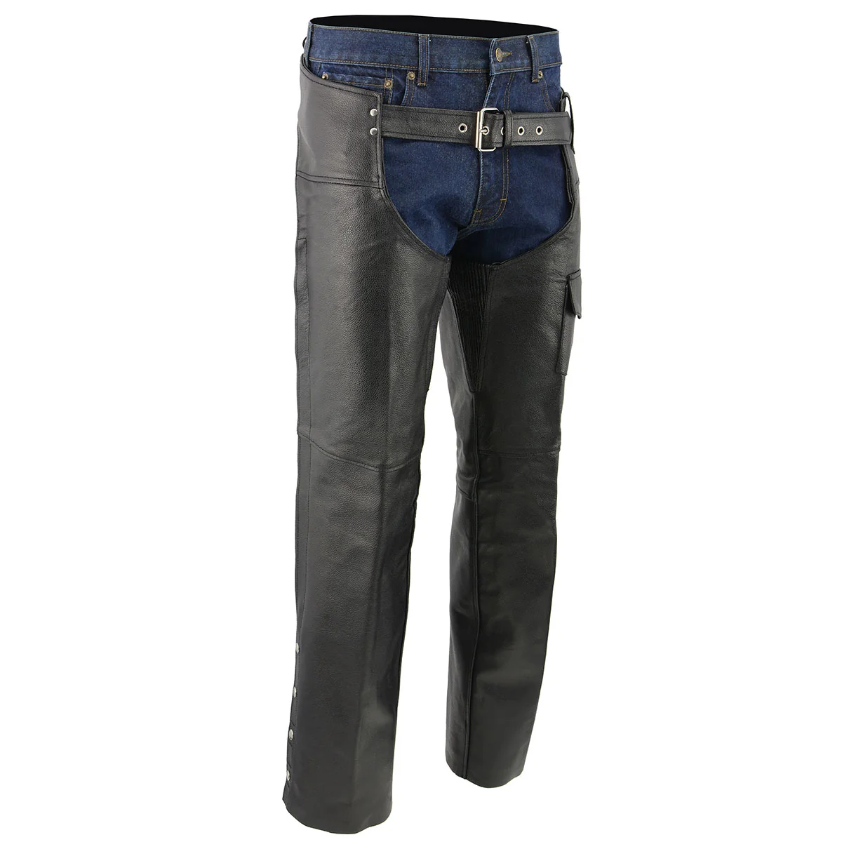 Elegant Men's XS405 Classic Black Thermal Lined Leather Motorcycle Chaps with Outside Flap Pocket Lightweight