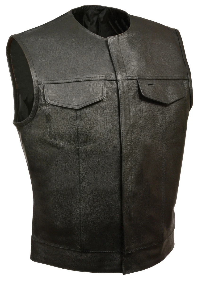 Carefully Designed Club Vest CVM3721 Men s Black Collarless Leather Motorcycle Vest Healthy
