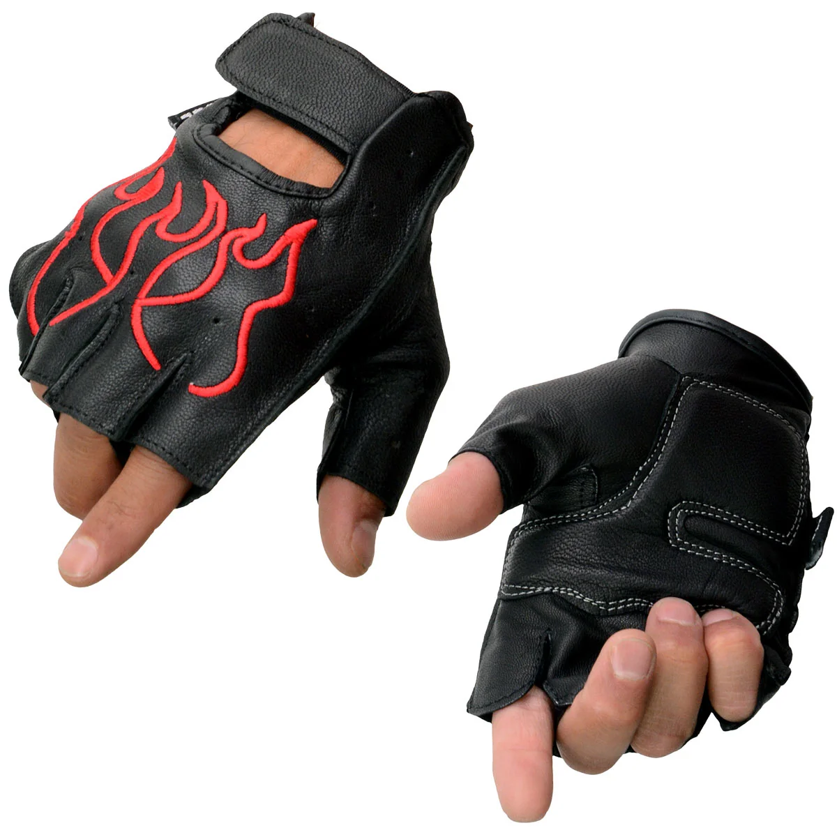 Traditional Milwaukee Leather SH198 Men's Black-Red Gel Palm Fingerless Motorcycle Gloves with Red Flame Embroidery High-Performance