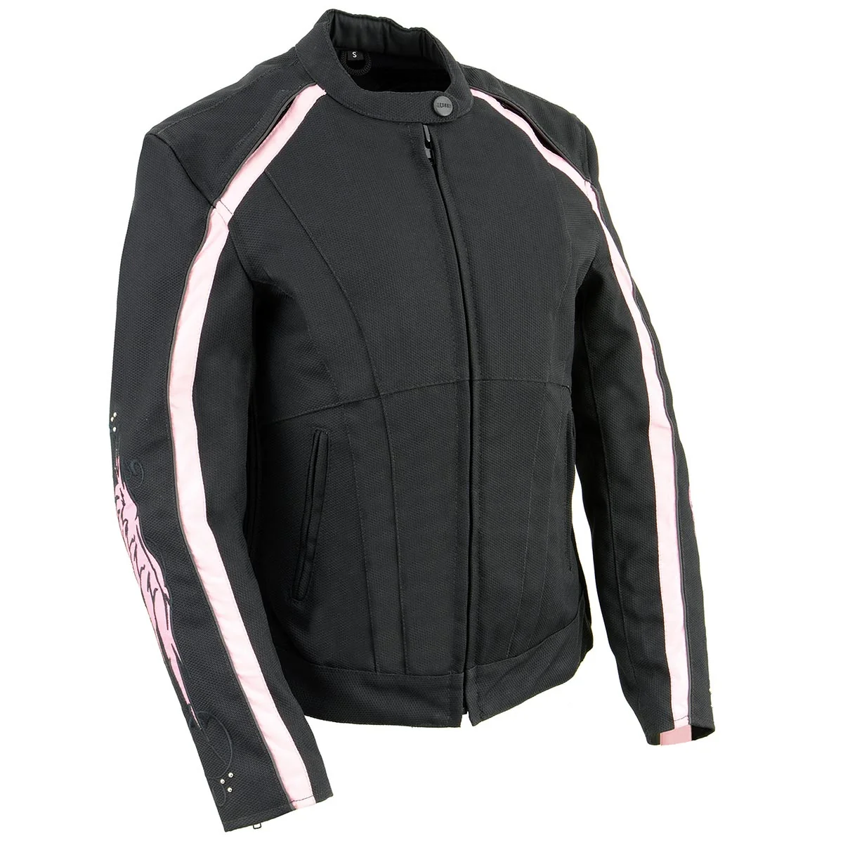 Convenient Milwaukee Leather SH1954 Women's Black and Pink Textile Jacket with Stud and Wings Detailing Easy-to-Use