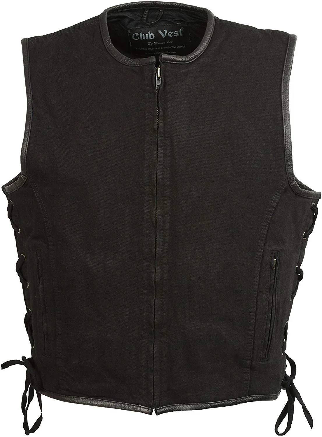 Casual Club Vest CVM3039 Men's Black Denim Motorcycle Rider Vest with Leather Trim and Side Laces Sophisticated