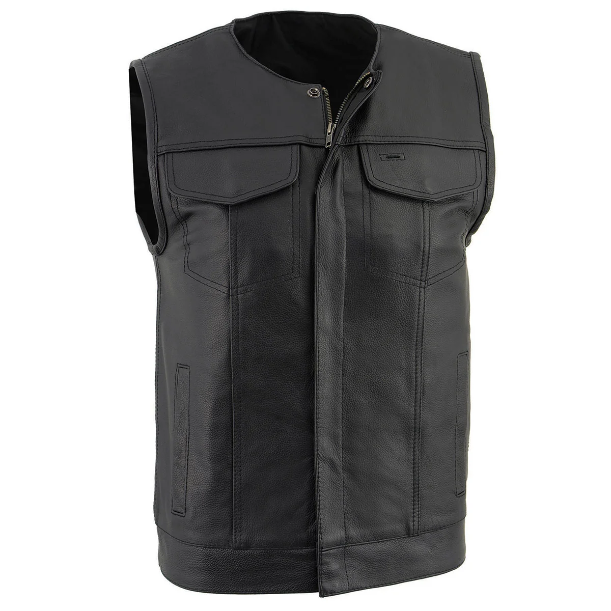 Luxury Milwaukee Leather LKM3711 Men's Black Leather Collarless Club Style Motorcycle Rider Vest w Dual Front Closure Authentic