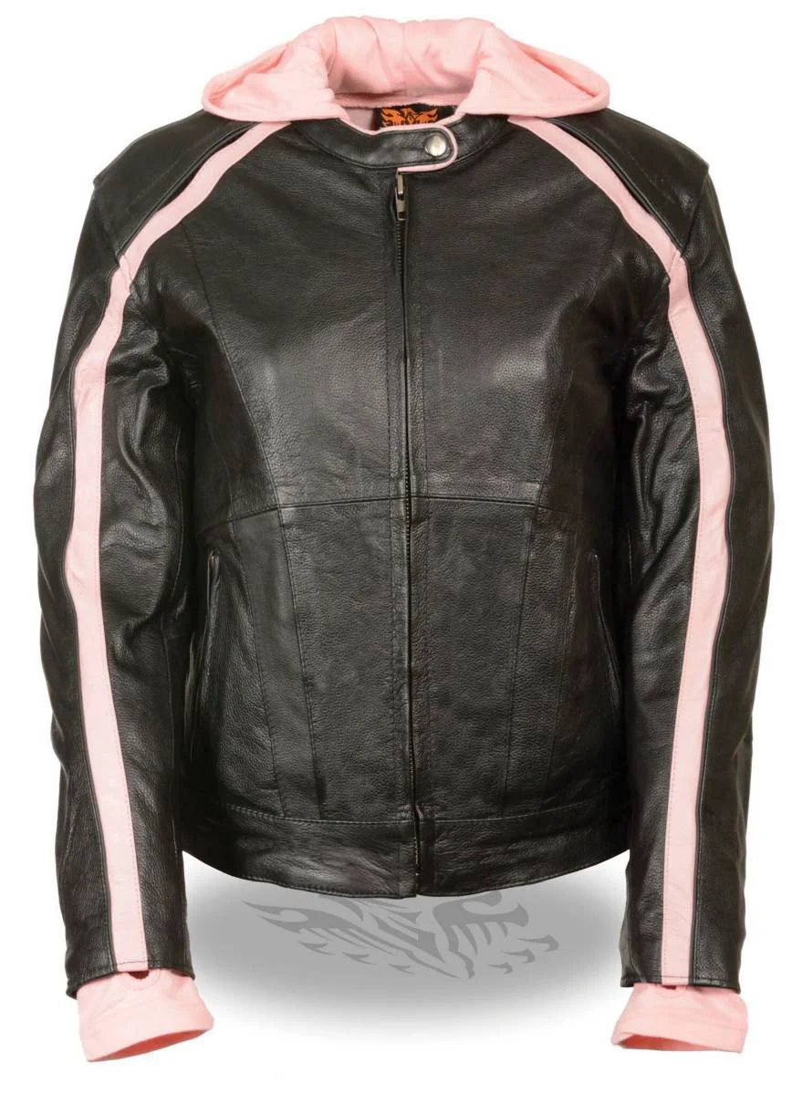 Superior Milwaukee Leather SH1951 Women's Black and Pink Striped Leather Jacket with Zip-Out Hoodie Reliable