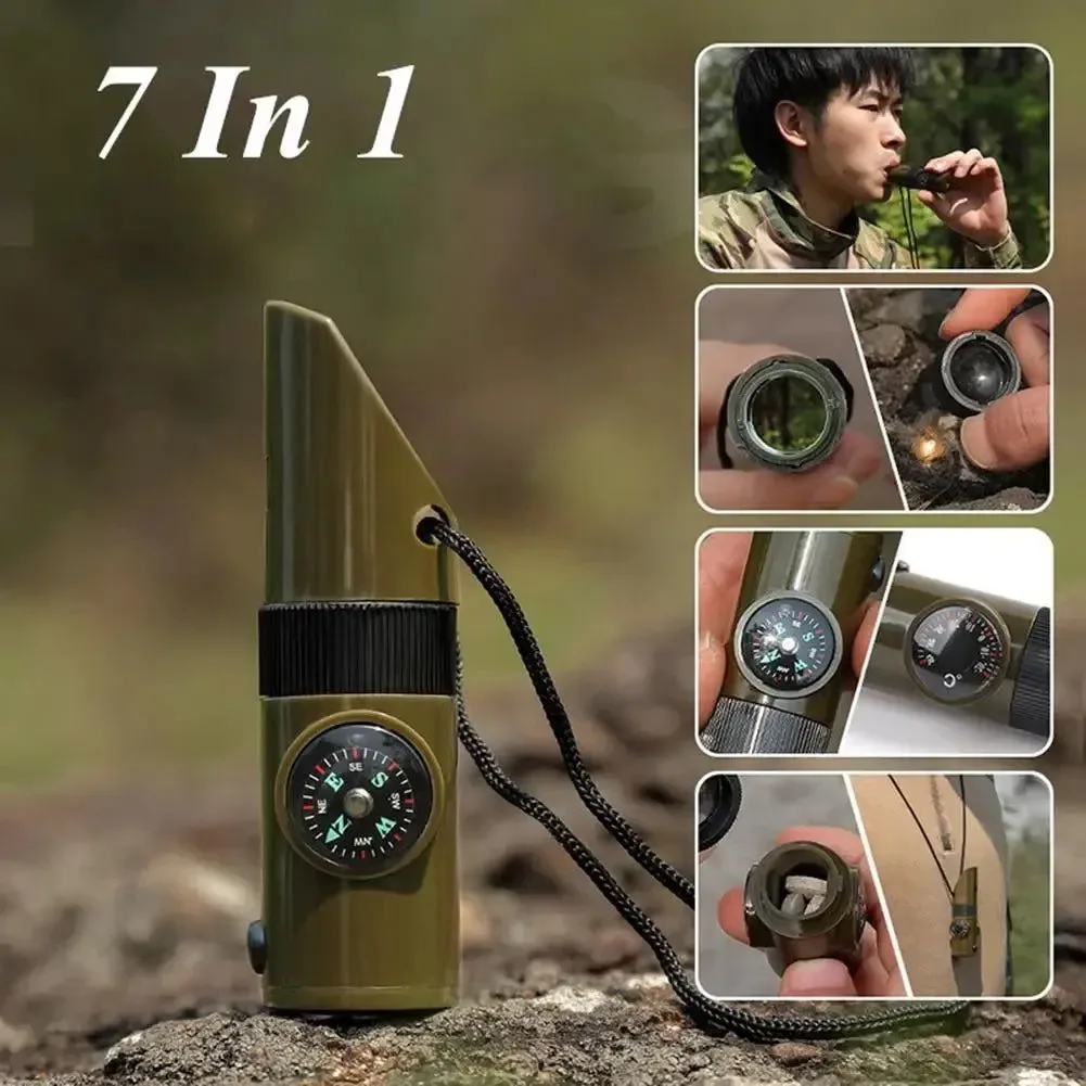 High-Performance 7-in-1 Compass Survival Whistle - Multifunction Outdoor Camping Tool with Lanyard and LED Light for Professional Emergency Safety Elite