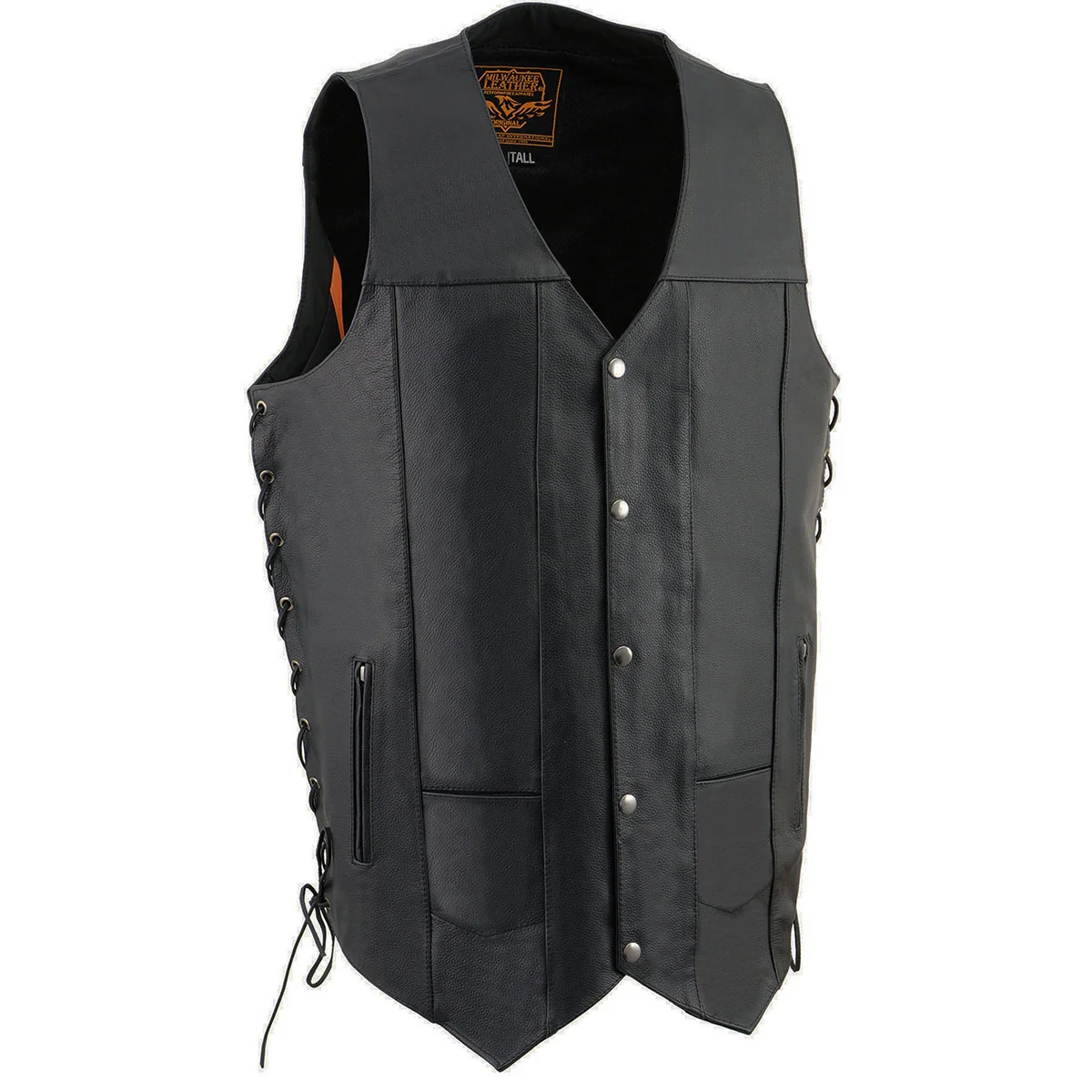 Expertly Made Milwaukee Leather SH1392Tall Men's Black Leather 10 Pocket V-Neck Side Lace Motorcycle Rider Vest w Snap Closure World-Class