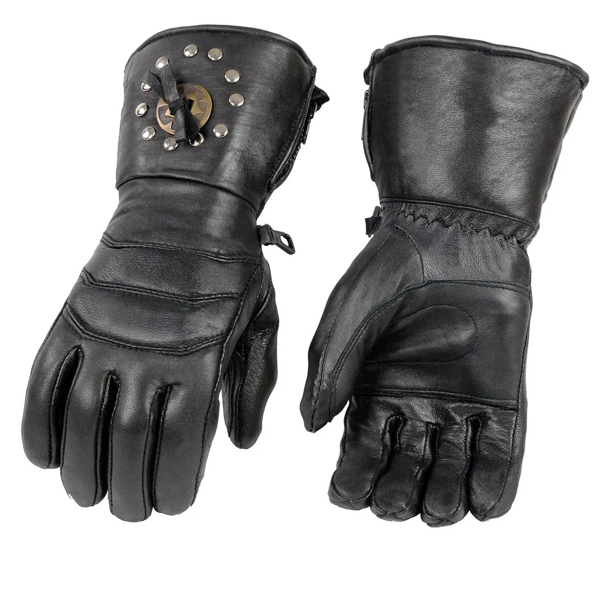 Next-Generation Milwaukee Leather Men's Gauntlet Motorcycle Hand Gloves-Black Leather Thermal Lined with Conchos on Cuff- SH238 Flexible
