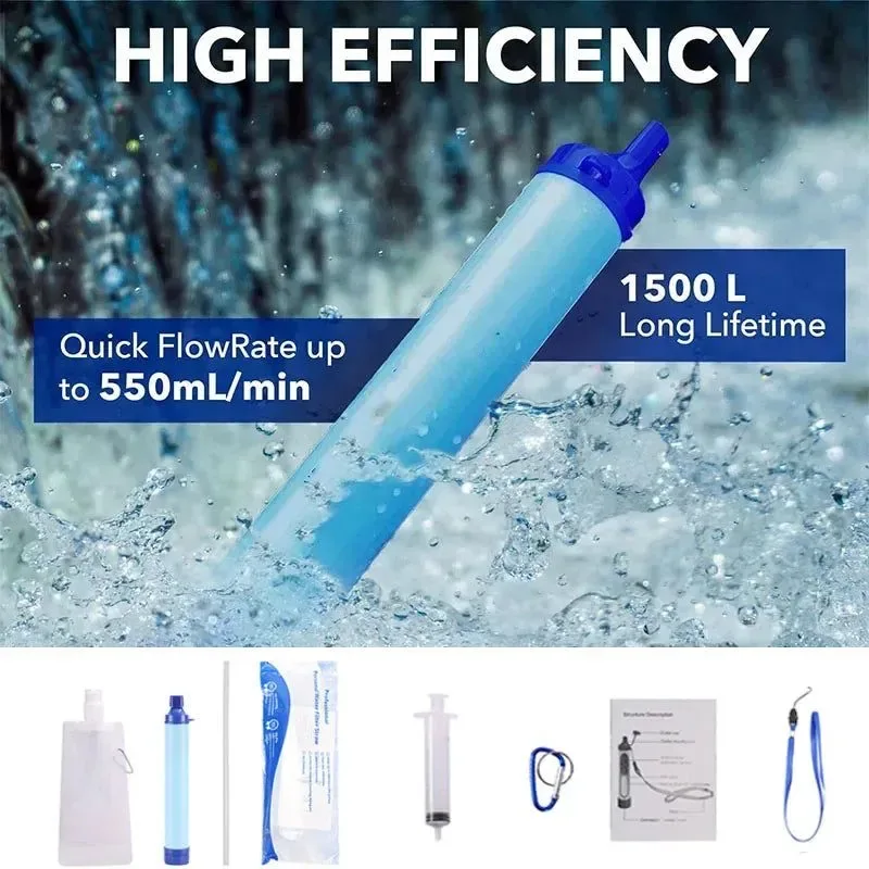 Versatile Personal Water Filter Straw – Hollow Fiber 1500L Capacity 99.999999 Filtration for Hiking Camping Organic