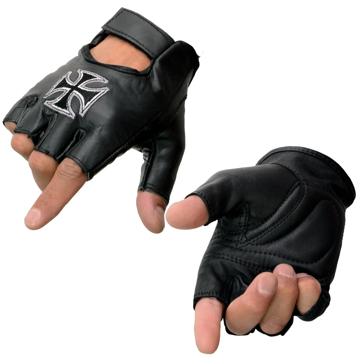 Responsible Milwaukee Leather SH354 Men's 'Iron Cross' Black Leather Fingerless Gloves Secure