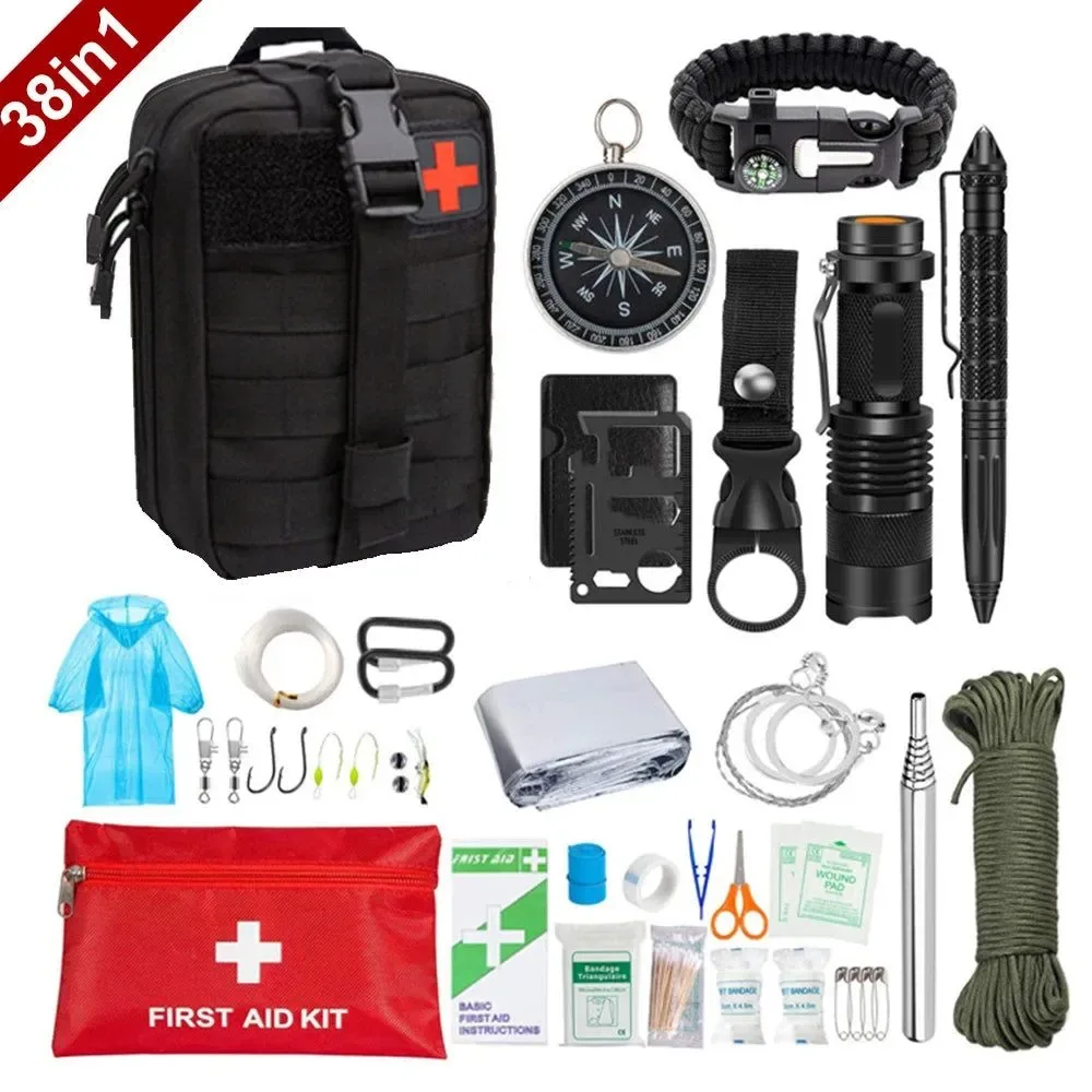 Outstanding 38-in-1 Military Grade Survival First Aid Kit – MOLLE Compatible Emergency Gear for Camping Hiking Adventures High-Grade