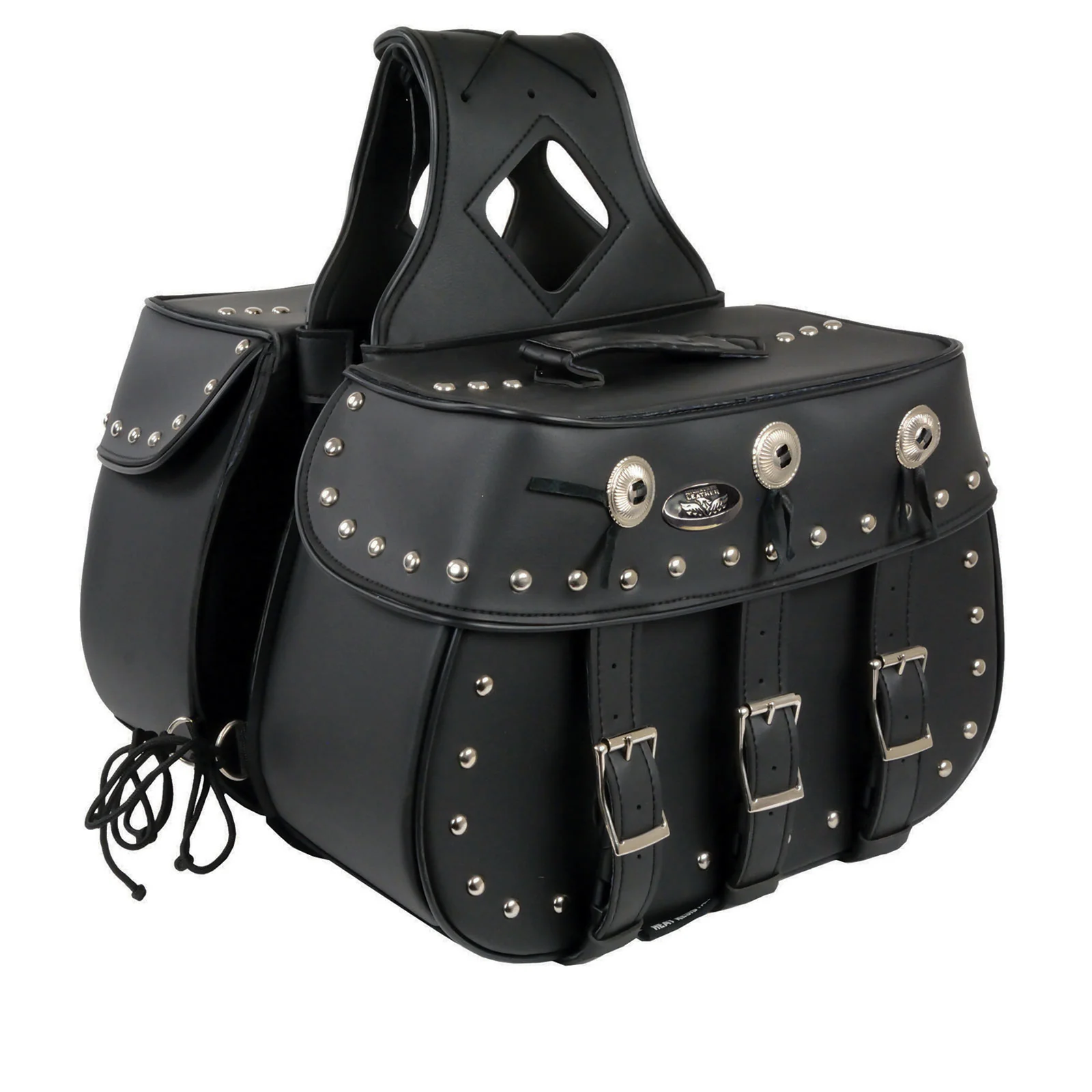 Certified Milwaukee Leather SH652ZB Black Zip-Off Triple Buckle PVC Throw Over Motorcycle Saddlebags with Studs 18X11X7X19 Original Design