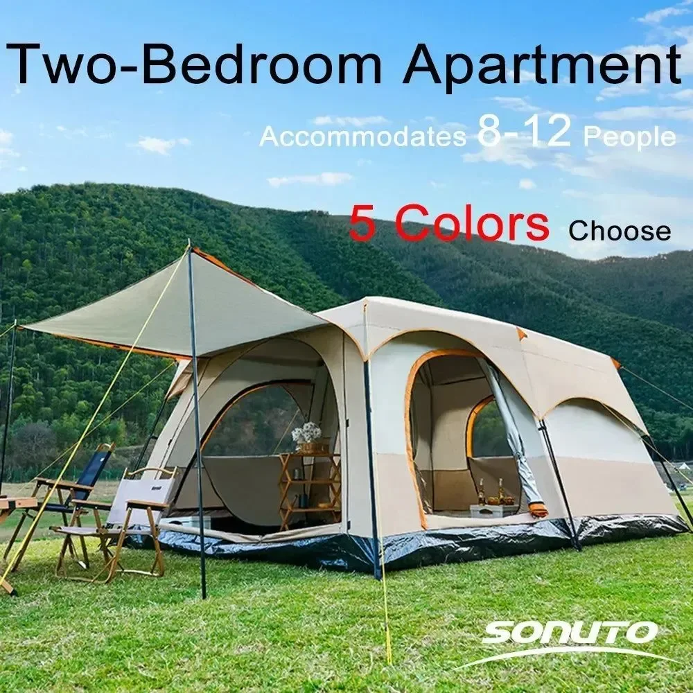 Premium Material Camping Tent 3-12 Person Double Layers Oversize Rainproof Outdoor Family Camp Tour Equipment Clean