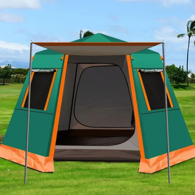 Casual Hexagonal Auto Camping Tent – UV-Resistant 210T Fabric Aluminum Poles 3000mm Waterproof 3-4 Person Natural