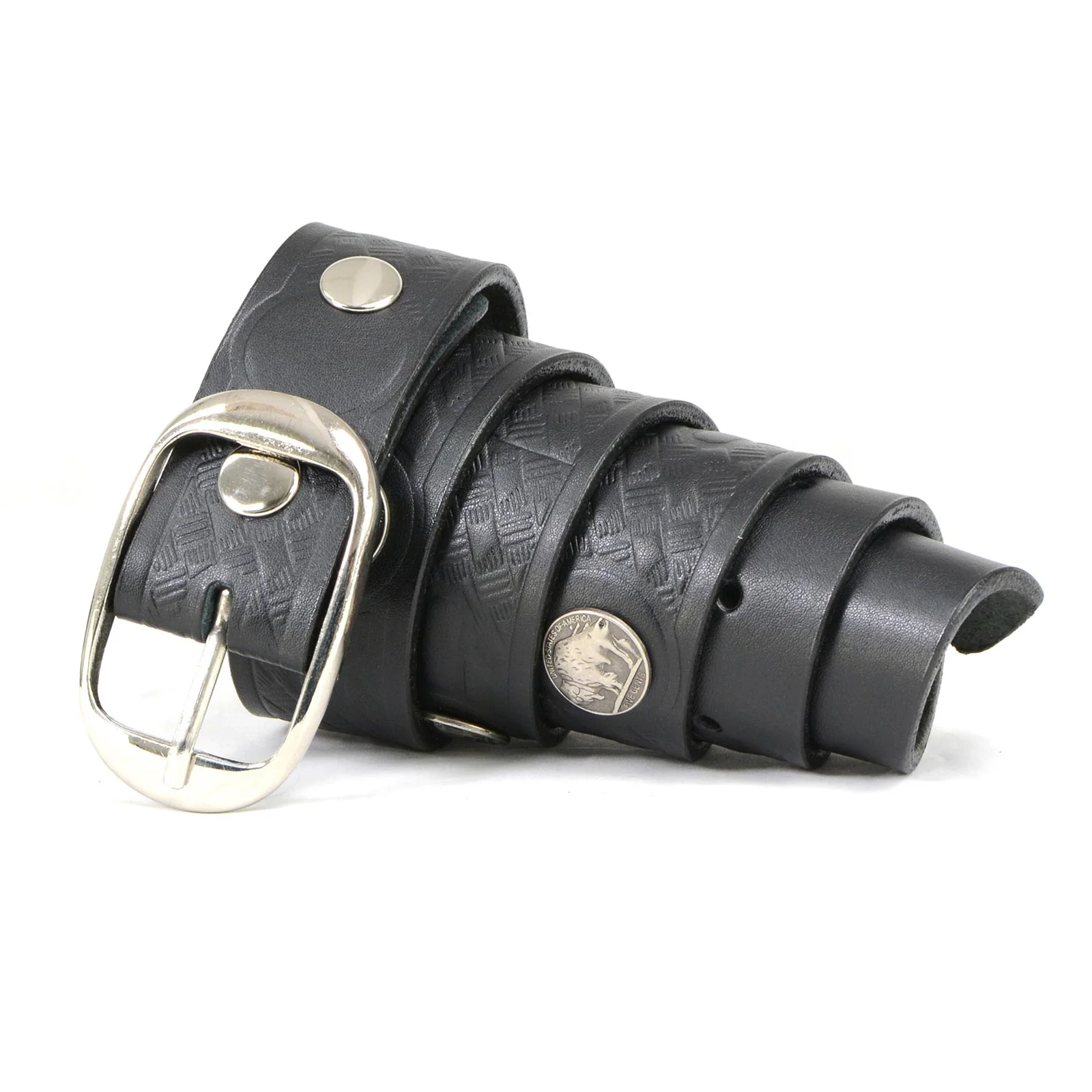 Proven Milwaukee Leather MP7123 Men's Cross Hatch 5 Cent Buffalo-Black Leather Belt w Interchangeable Buckle-1.5 In Wide Refined