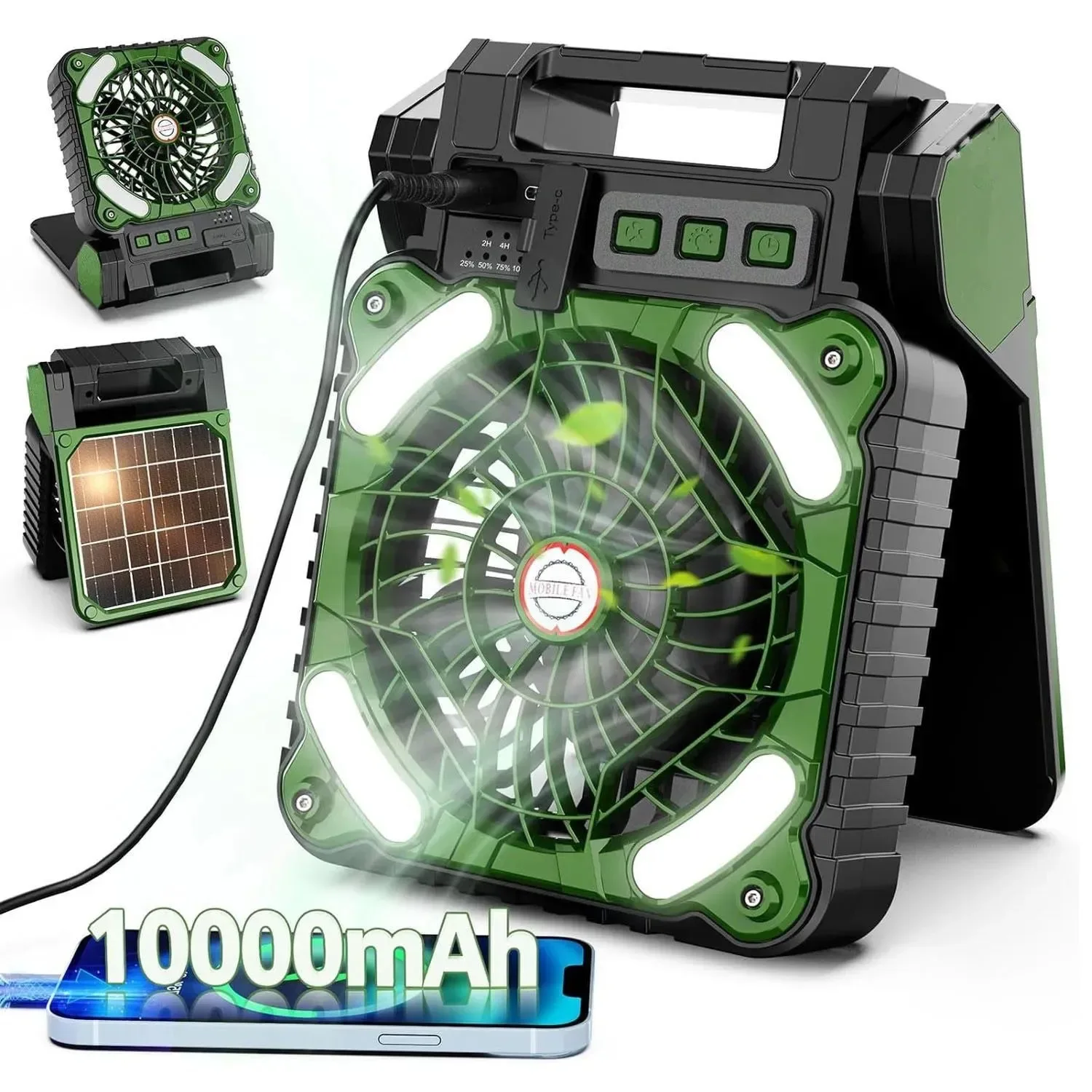 First-Class 10000mAh Solar Powered Portable Camping LED Lantern With Fan - 4 Speeds Powerful Wind Rechargeable Battery Operated 90° Folding Elite
