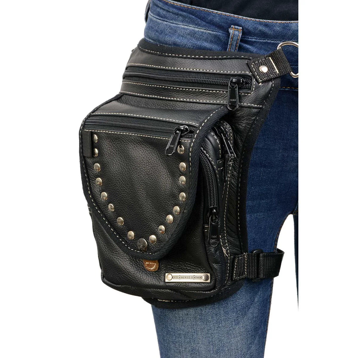 High-Grade Milwaukee Leather MP8882 Black Conceal and Carry Leather Thigh Bag with Waist Belt Fast