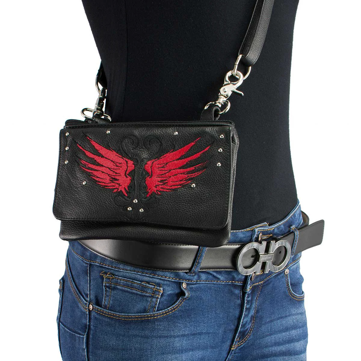 Environmentally Friendly Milwaukee Leather MP8850 Ladies 'Winged' Leather Black and Red Multi Pocket Belt Bag Sophisticated