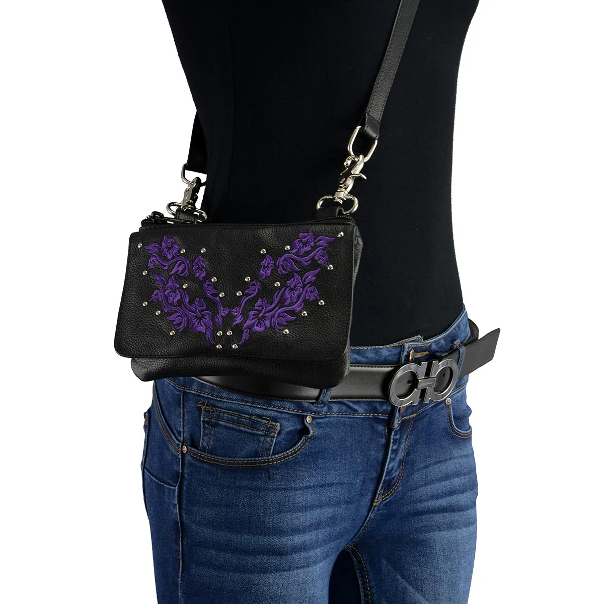 Responsible Milwaukee Leather MP8853 Women's 'Flower' Black and Purple Leather Multi Pocket Belt Bag Solid