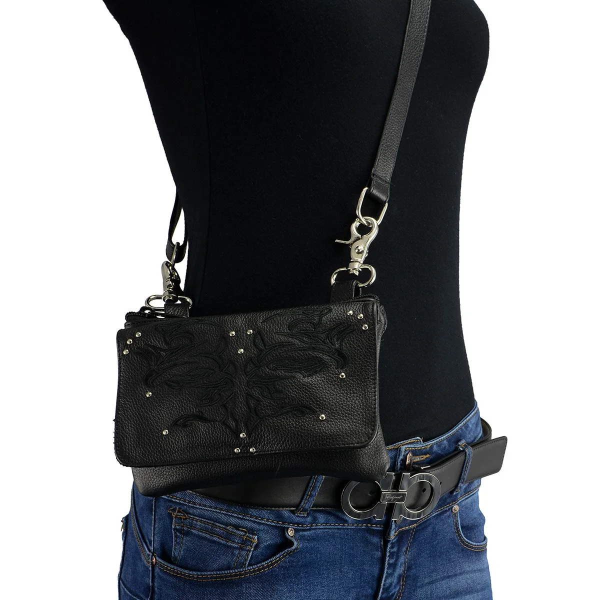Elite Milwaukee Leather MP8852 Women's Black Leather Multi Pocket Belt Bag Breathable