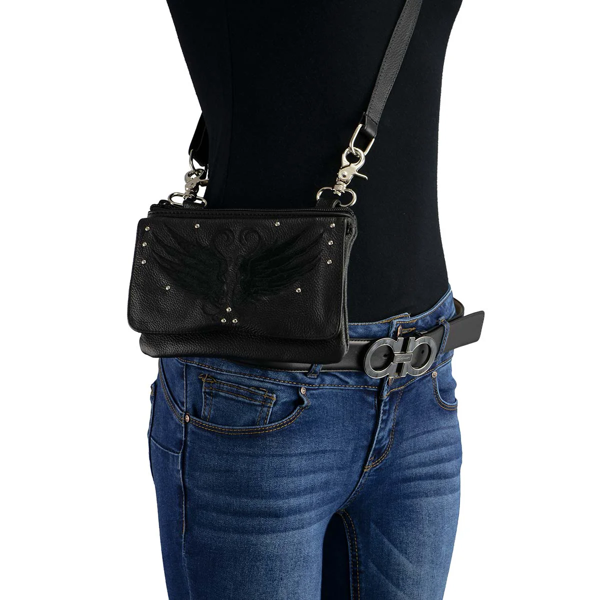 Excellent Milwaukee Leather MP8850 Ladies Winged Black Leather Multi-Pocket Belt Bag Specialty