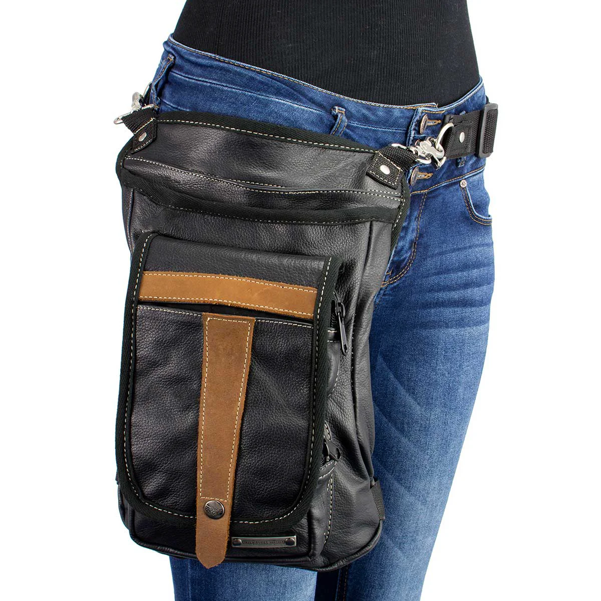 Exceptional Milwaukee Leather MP8897 Black and Tan Conceal and Carry Leather Thigh Bag with Waist Belt High-Grade