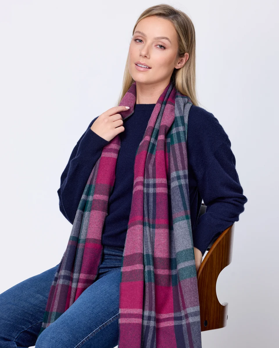 User-Friendly Foxford Petunia Tartan Fine Wool Cashmere Blend Scarf First-Class