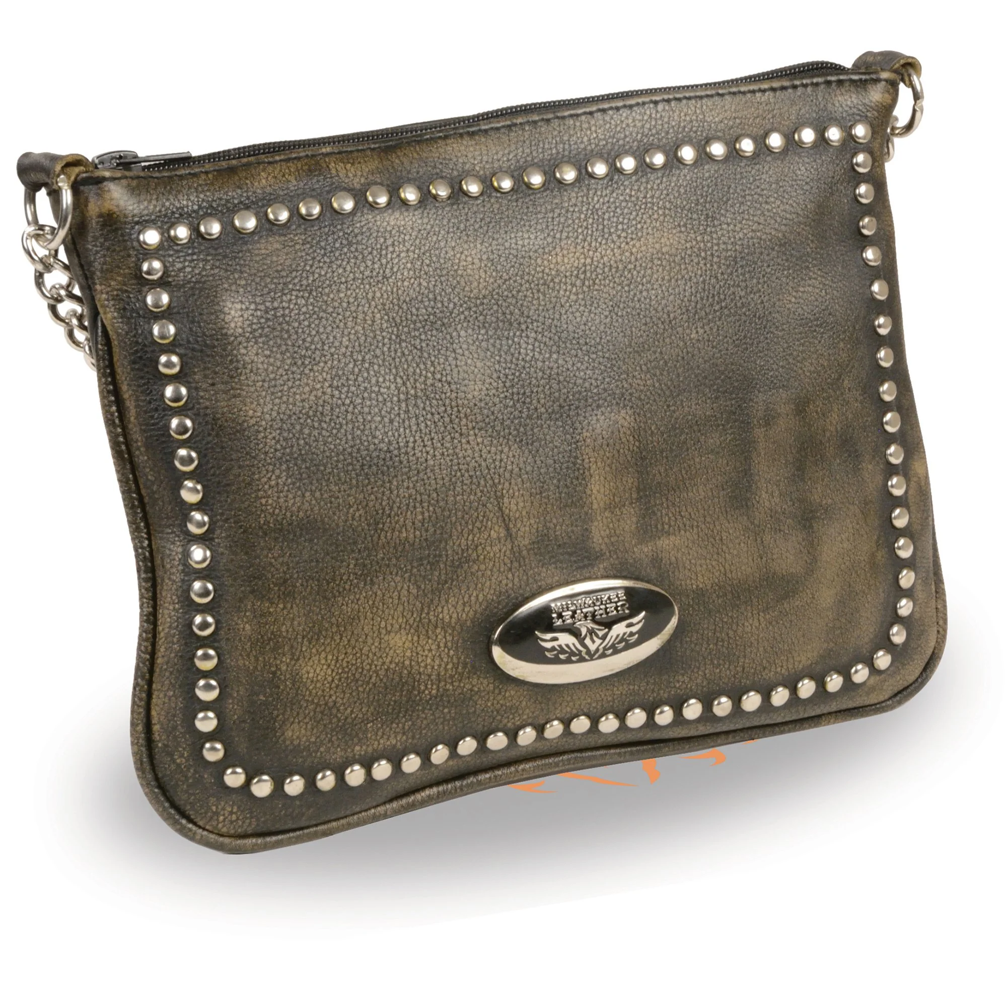 Exclusive Milwaukee Leather MP8810 Women's Distress Brown Chain Strap Riveted Shoulder Bag Practical