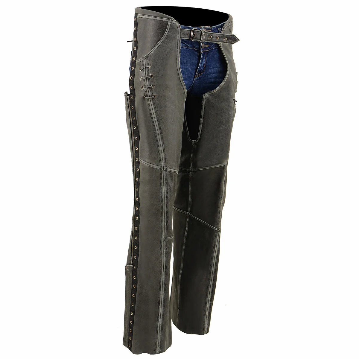 Luxury Milwaukee Leather Women Distress Grey Premium Leather Motorcycle Chaps w Accent Lace Details MLL6536 Traditional