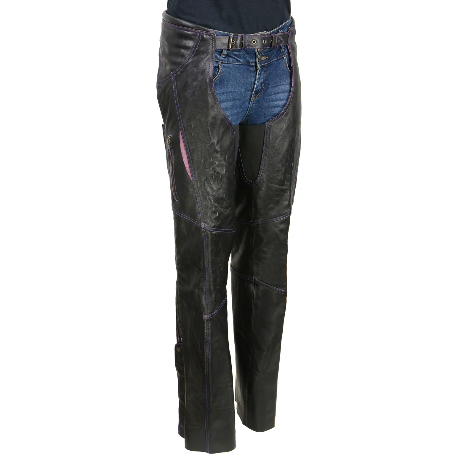 First-Class Milwaukee Leather Chaps for Women Black and Purple Premium Skin Laser Cut Accent Stitching Motorcycle Chap- MLL6525 Environmentally Friendly