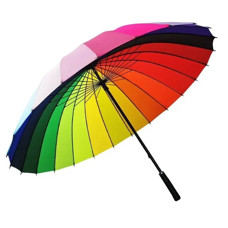 Unique 24-Bone Long Umbrella – Super Large Rainproof Manual Straight Rod Vibrant Rainbow Solid Colors 15 Colors Fashionable