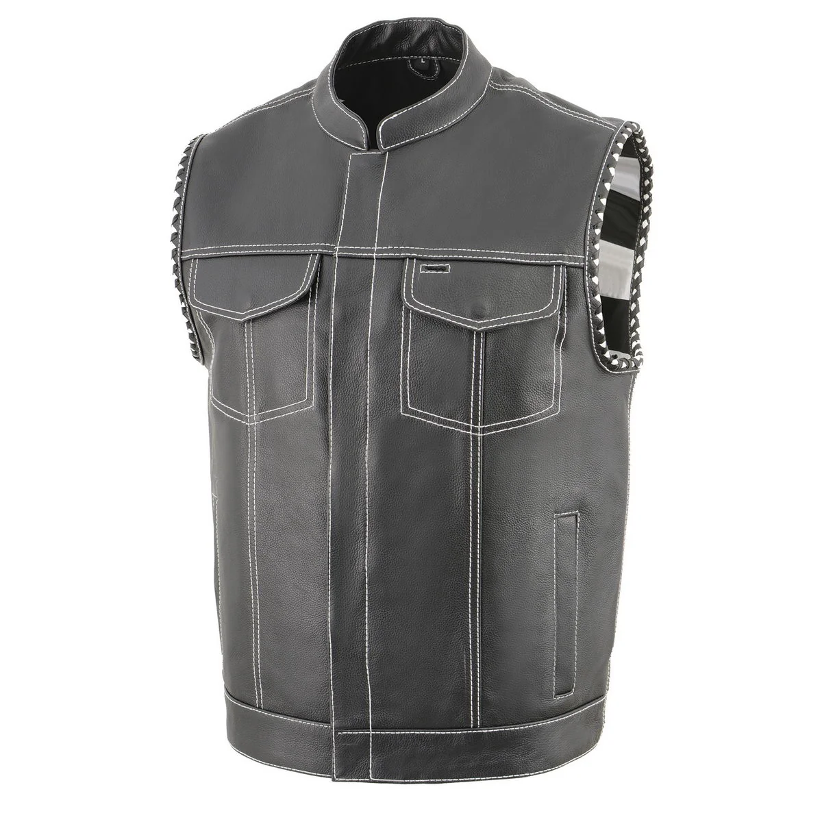 Effective Milwaukee Leather MLM3509 Men's Black Premium Leather Vest - Old Glory Laced Armholes White Stitching Club Style Vest Crafted