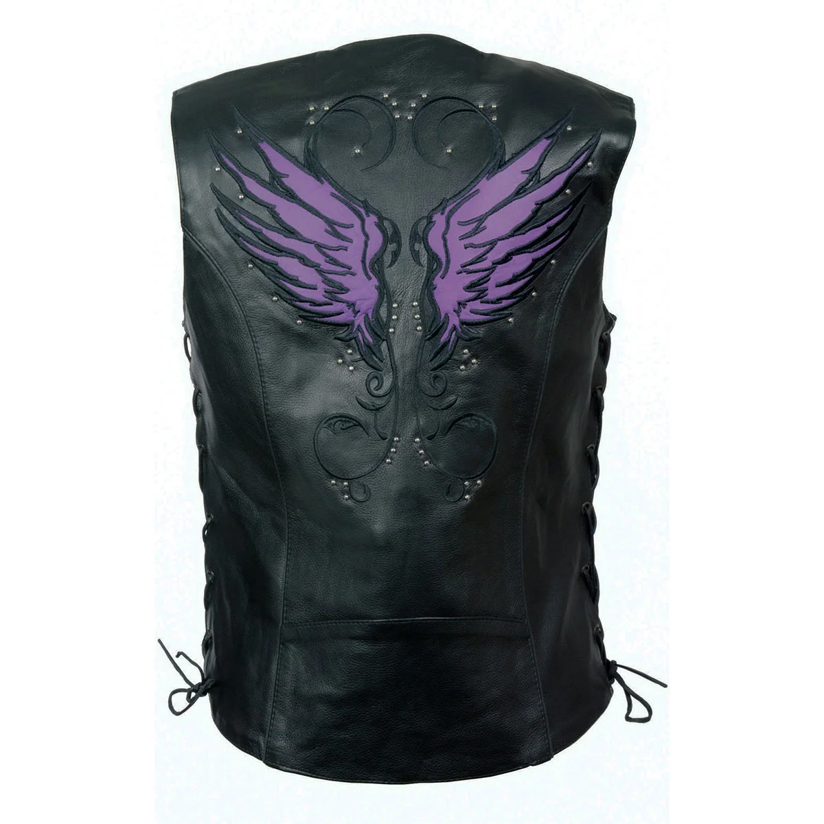 Certified Milwaukee Leather MLL4505 Women's Black Leather Side Lace Motorcycle Rider Vest-Reflective and Studded Purple Wings Luxury