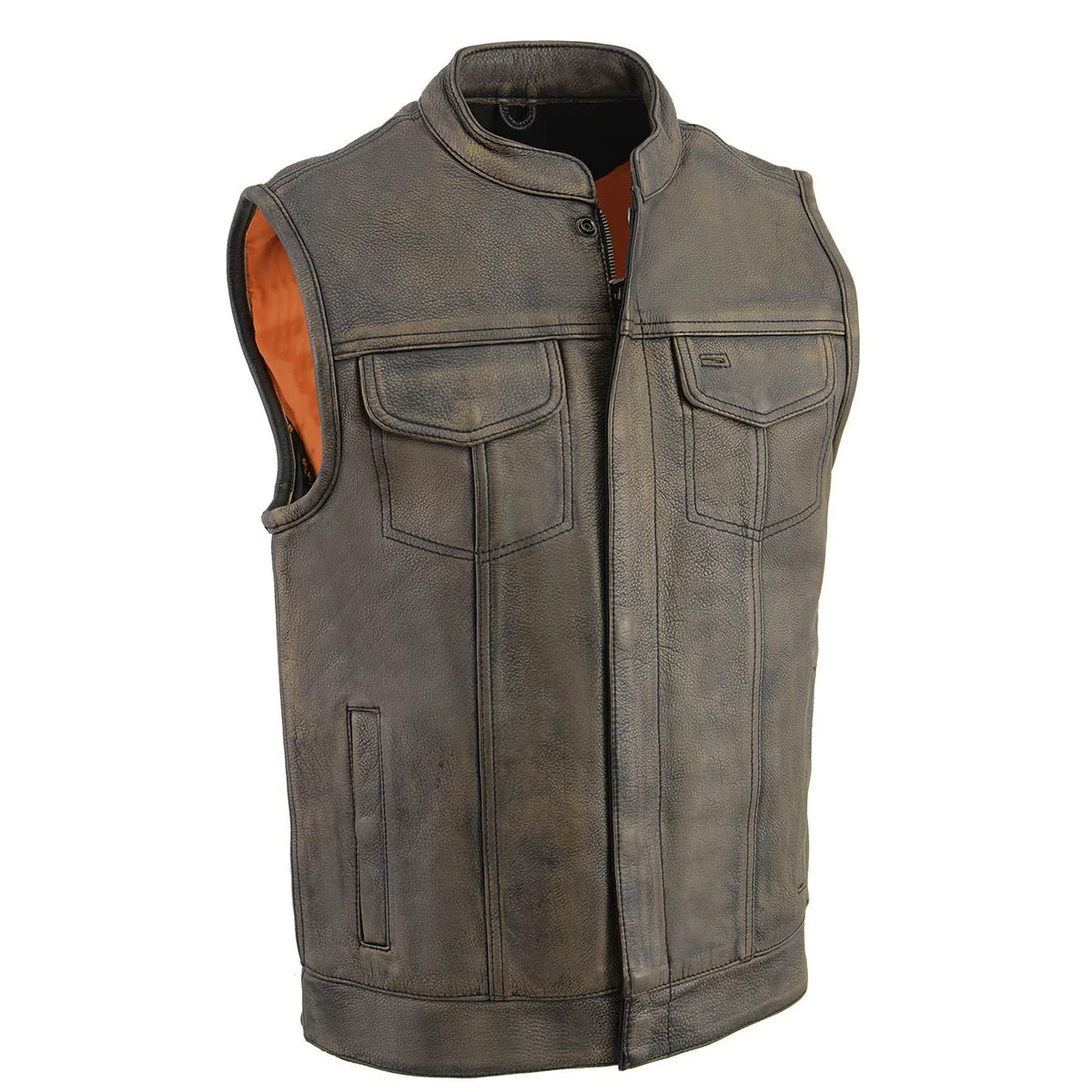Solid Milwaukee Leather MLM3510 Men's Black Beige Premium Leather Club Style Vest - Dual Closure Open Neck Motorcycle Vest