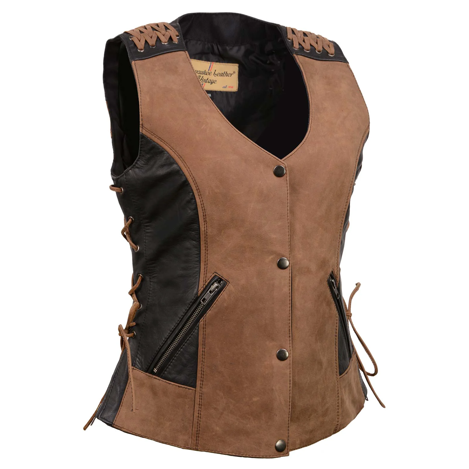 Selected Milwaukee Leather Women's MLL4509 Smoocher Two Tone Crazy Horse Brown and Black Leather Club Style Motorcycle Vest Traditional