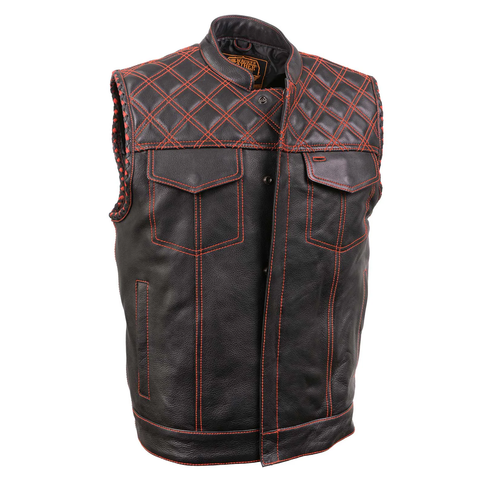 Genuine Milwaukee Leather MLM3526 Men's Black 'Paisley' Accented Red Stitching Leather Vest – w Armhole Trim Open Collar Design Solid