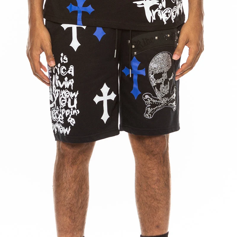 Casual Men's Skull Print Shorts with Crosses by Ride or Die Recyclable