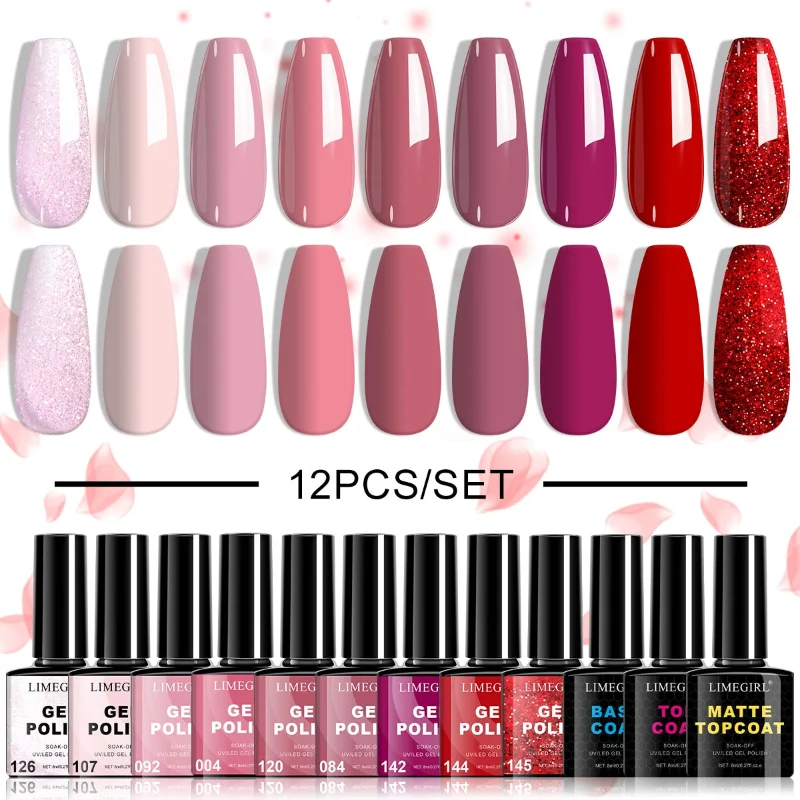 Soft LIMEGIRL 12PCS SET Gel Polish Nail Color Kit with Base Top Matte Coat Contemporary