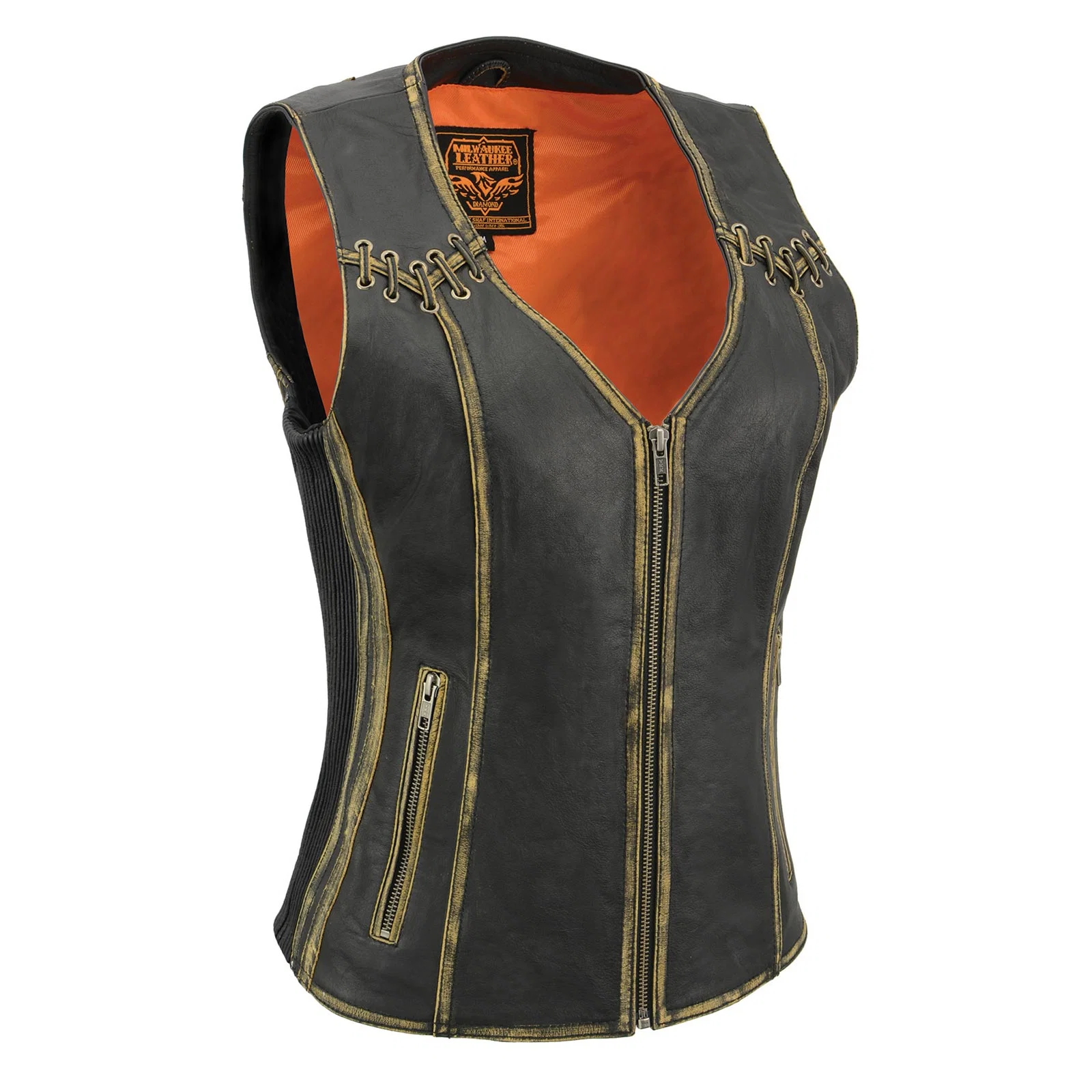 Fashionable Milwaukee Leather MLL4527 Women's Stretch Side Panel Distress Brown Leather Motorcycle Rider Vest w Lacing Detail Classic