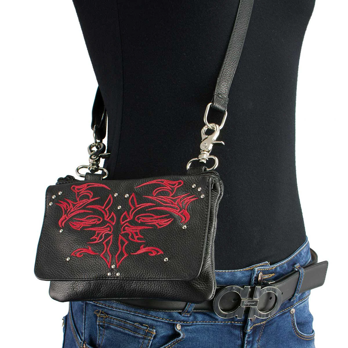 Durable Milwaukee Leather MP8852 Women's Black and Red Leather Multi Pocket Belt Bag Premium Material