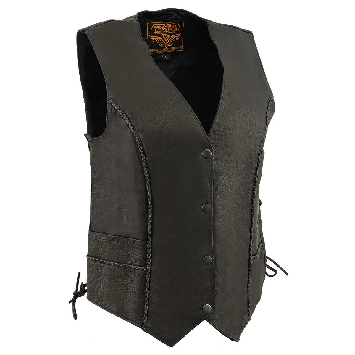 Casual Milwaukee Leather MLL4560 Women's Black Premium Leather Classic Braided Side Lace Deep V-Neck Motorcycle Rider Vest Soft