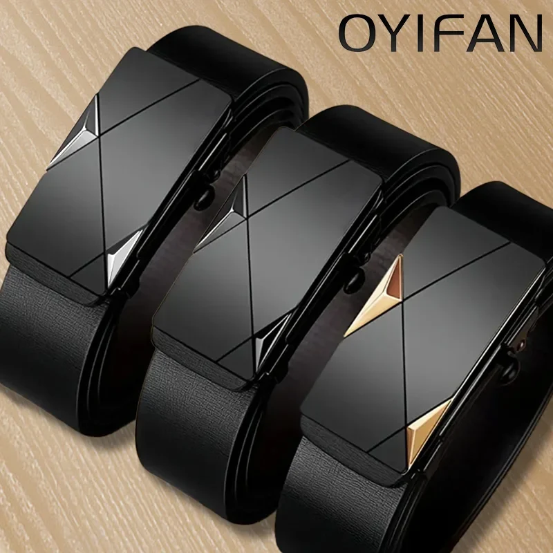Specialty OYIFAN Automatic Buckle Leather Belt with Geometric Metal Clasp - Black Fashionable