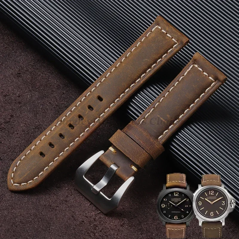 Smooth Vintage Leather Watch Strap Band with Contrast Stitching High-Quality
