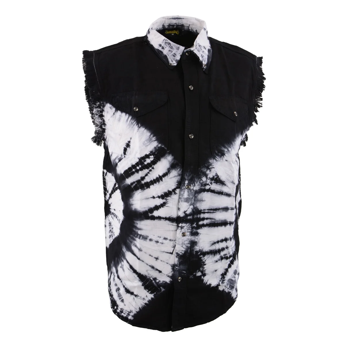 Easy-to-Use Biker Clothing Co. MDM11679 Men's Classic Black and White Tie-Dye Button-Down Frayed Sleeveless Cut Off Shirt Original