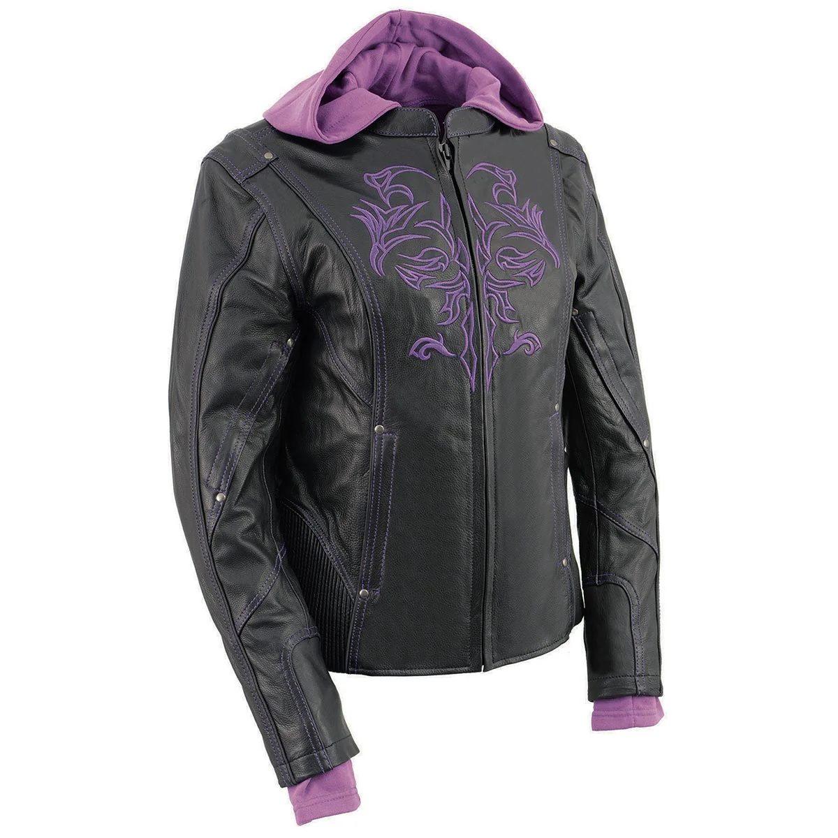 Original Design Milwaukee Leather ML2067 Women's 3 4 Black and Purple Leather Hoodie Jacket with Reflective Tribal Design Recyclable
